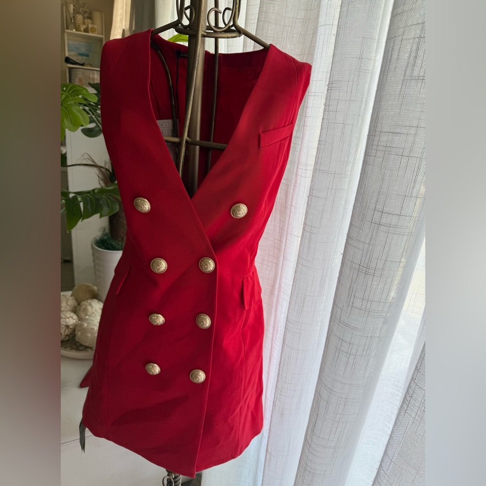 Balmain Red Mini Dress with Gold Buttons